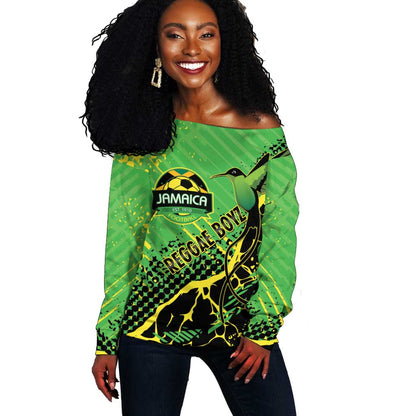 Custom Jamaica Football Off Shoulder Sweater Come On Reggae Boyz Red-billed streamertail - African Pride