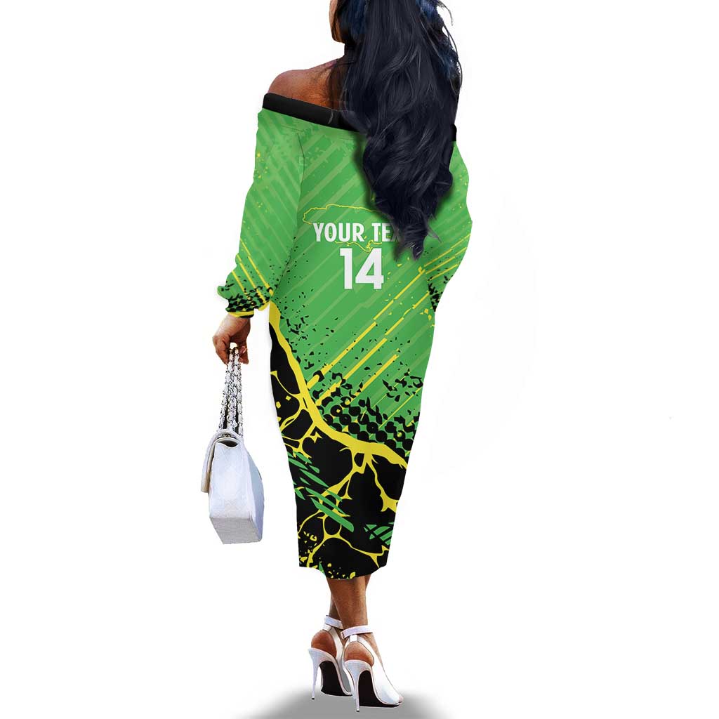 Custom Jamaica Football Off The Shoulder Long Sleeve Dress Come On Reggae Boyz Red-billed streamertail - African Pride