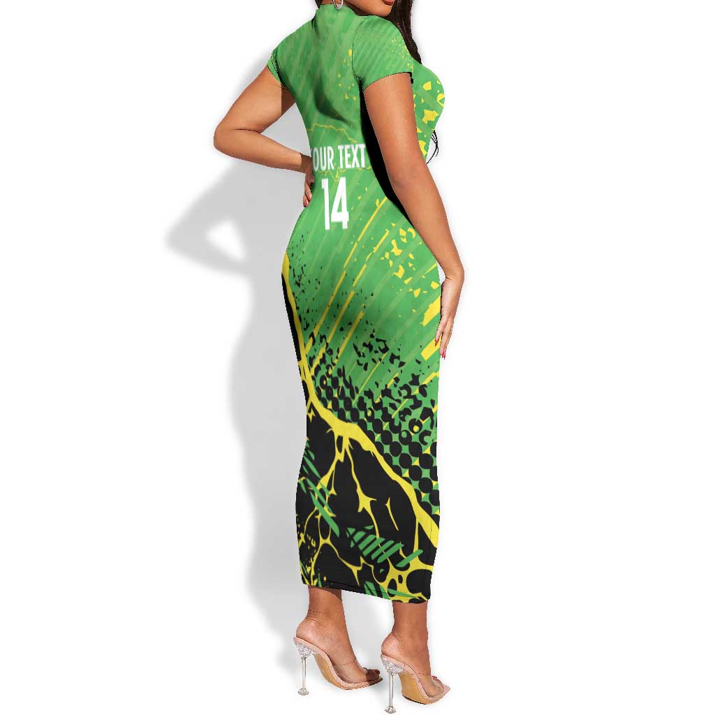 Custom Jamaica Football Short Sleeve Bodycon Dress Come On Reggae Boyz Red-billed streamertail - African Pride