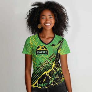 Custom Jamaica Football Women V-Neck T-Shirt Come On Reggae Boyz Red-billed streamertail - African Pride