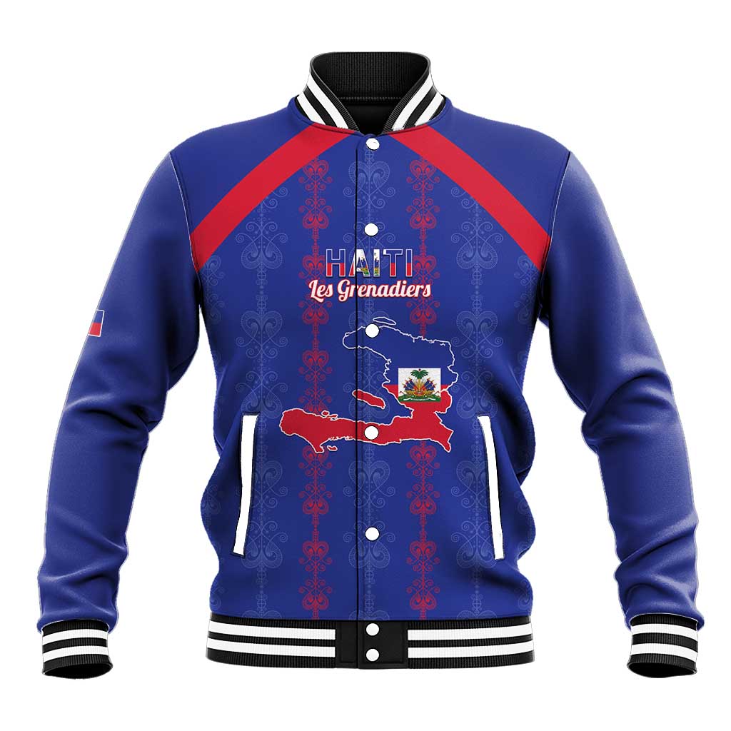 Custom Haiti Football Baseball Jacket Les Grenadiers Veve Vodou Blue - African Pride