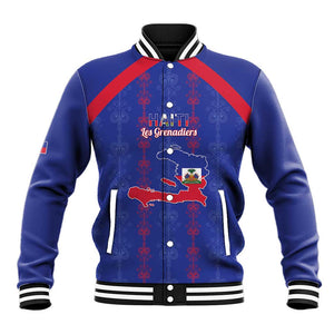 Custom Haiti Football Baseball Jacket Les Grenadiers Veve Vodou Blue - African Pride
