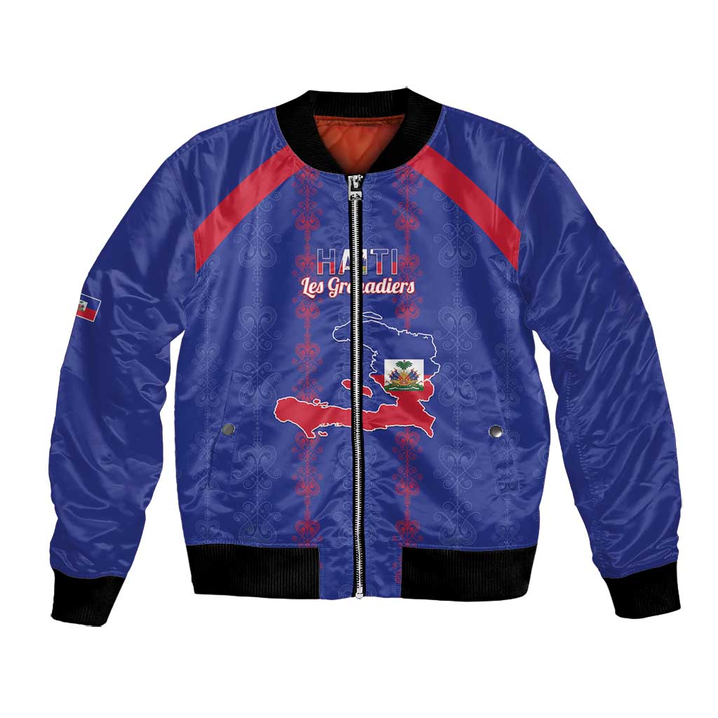 Custom Haiti Football Bomber Jacket Les Grenadiers Veve Vodou Blue - African Pride