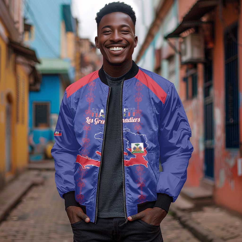Custom Haiti Football Bomber Jacket Les Grenadiers Veve Vodou Blue - African Pride