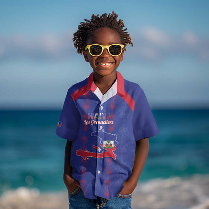 Custom Haiti Football Kid Hawaiian Shirt Les Grenadiers Veve Vodou Blue - African Pride