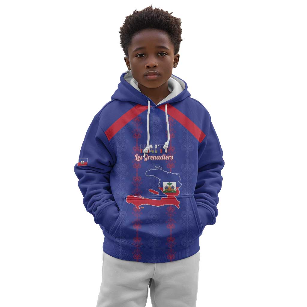 Custom Haiti Football Kid Hoodie Les Grenadiers Veve Vodou Blue - African Pride