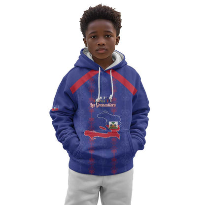 Custom Haiti Football Kid Hoodie Les Grenadiers Veve Vodou Blue - African Pride
