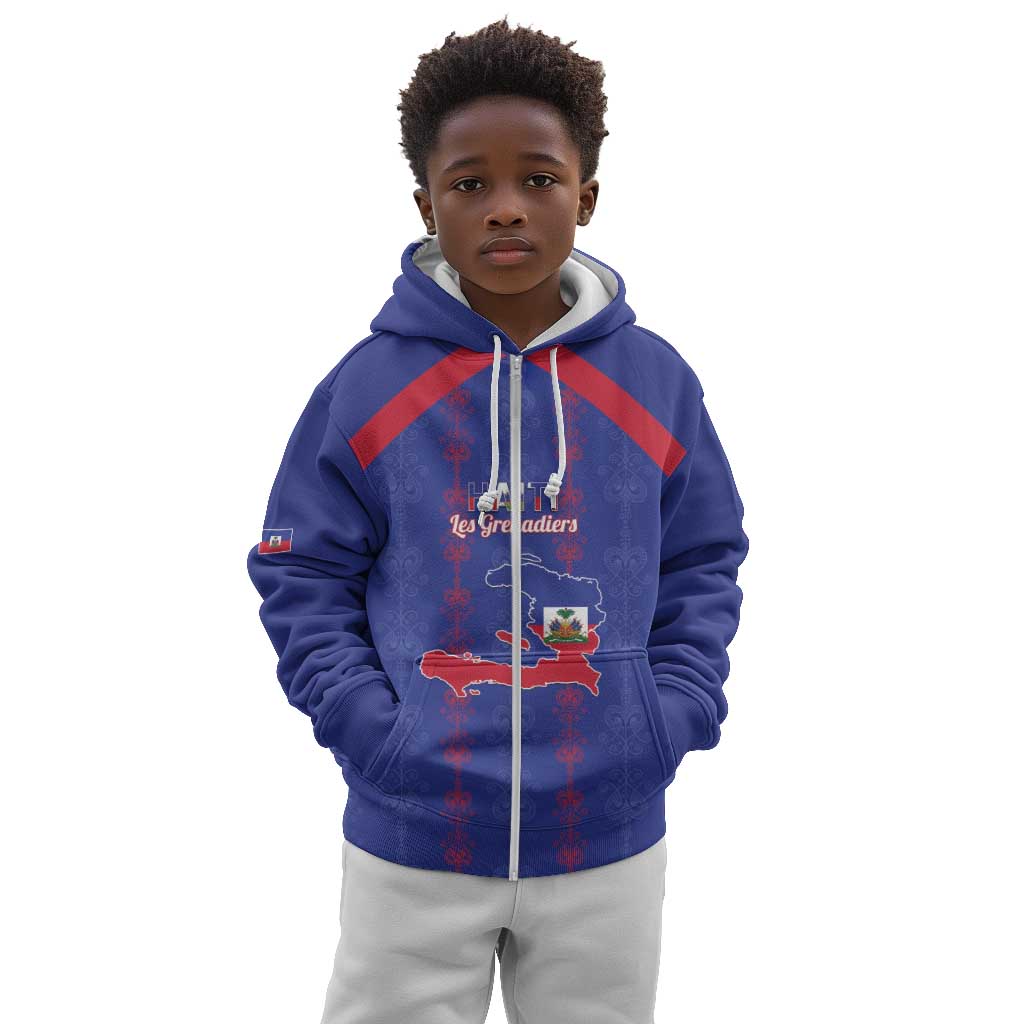 Custom Haiti Football Kid Hoodie Les Grenadiers Veve Vodou Blue - African Pride