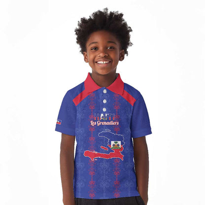 Custom Haiti Football Kid Polo Shirt Les Grenadiers Veve Vodou Blue - African Pride