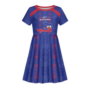 Custom Haiti Football Kid Short Sleeve Dress Les Grenadiers Veve Vodou Blue - African Pride