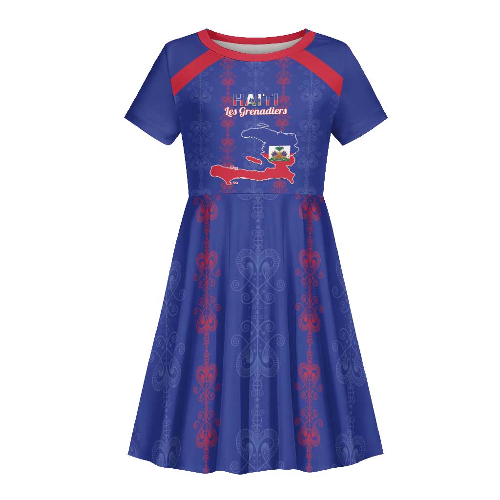 Custom Haiti Football Kid Short Sleeve Dress Les Grenadiers Veve Vodou Blue - African Pride