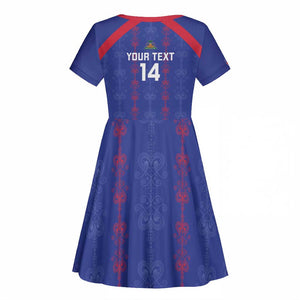 Custom Haiti Football Kid Short Sleeve Dress Les Grenadiers Veve Vodou Blue - African Pride
