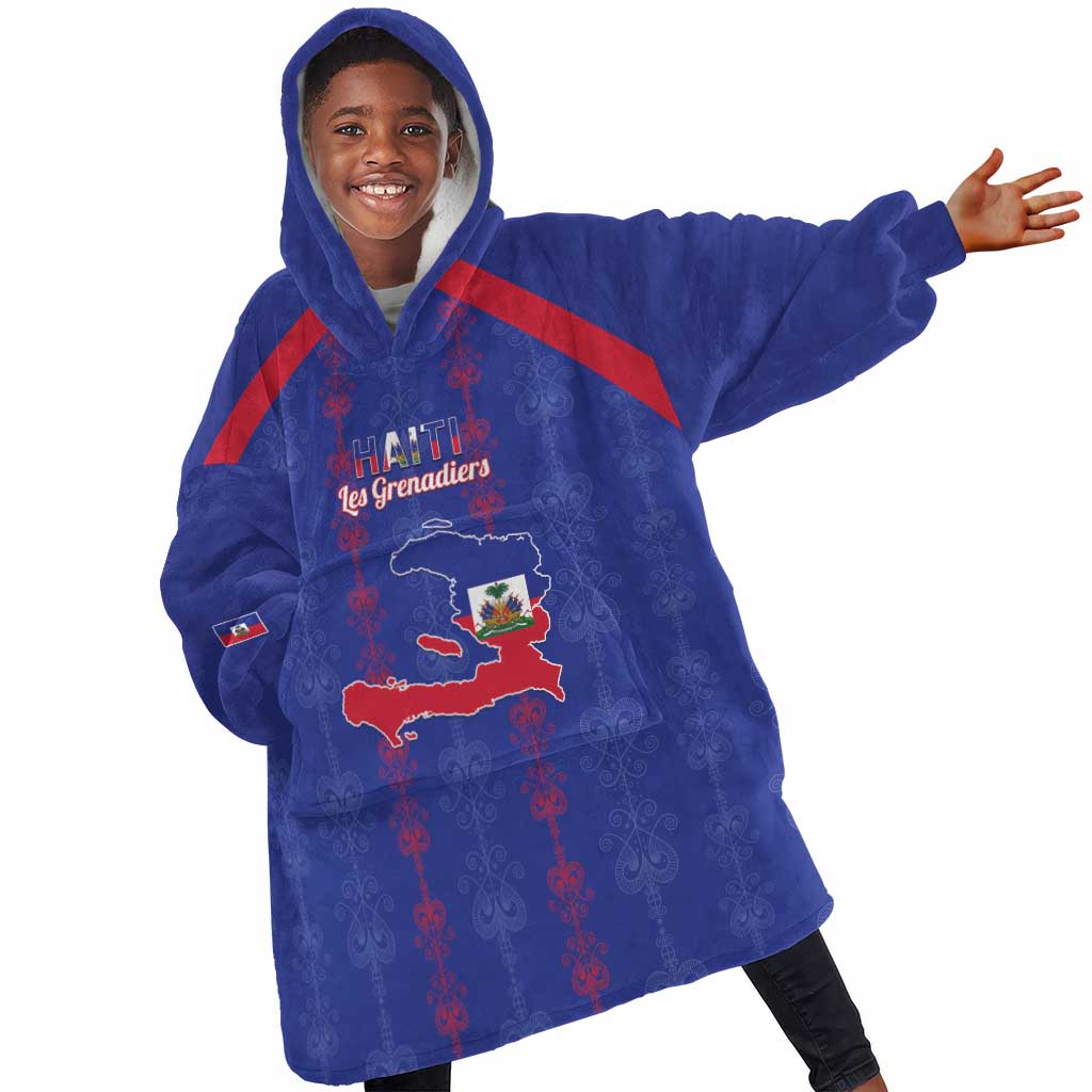 Custom Haiti Football Kid Wearable Blanket Hoodie Les Grenadiers Veve Vodou Blue - African Pride