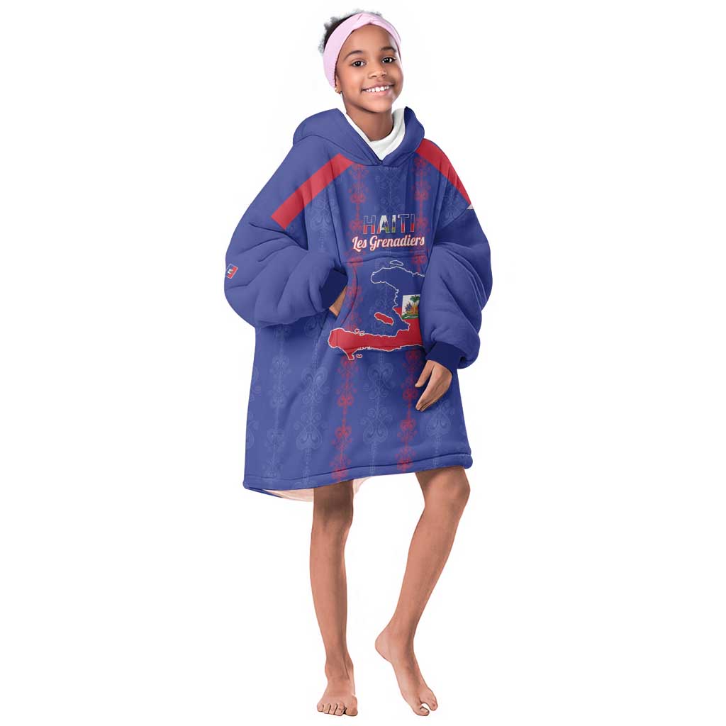 Custom Haiti Football Kid Wearable Blanket Hoodie Les Grenadiers Veve Vodou Blue - African Pride