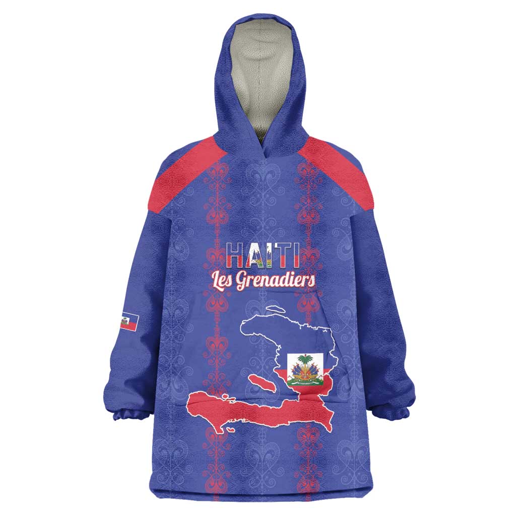 Custom Haiti Football Kid Wearable Blanket Hoodie Les Grenadiers Veve Vodou Blue - African Pride