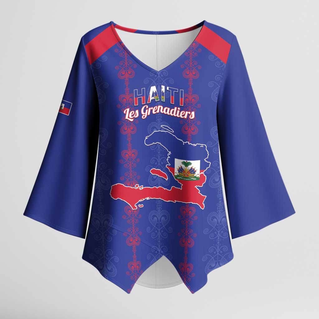 Custom Haiti Football Kimono Sleeve Blouse Les Grenadiers Veve Vodou Blue