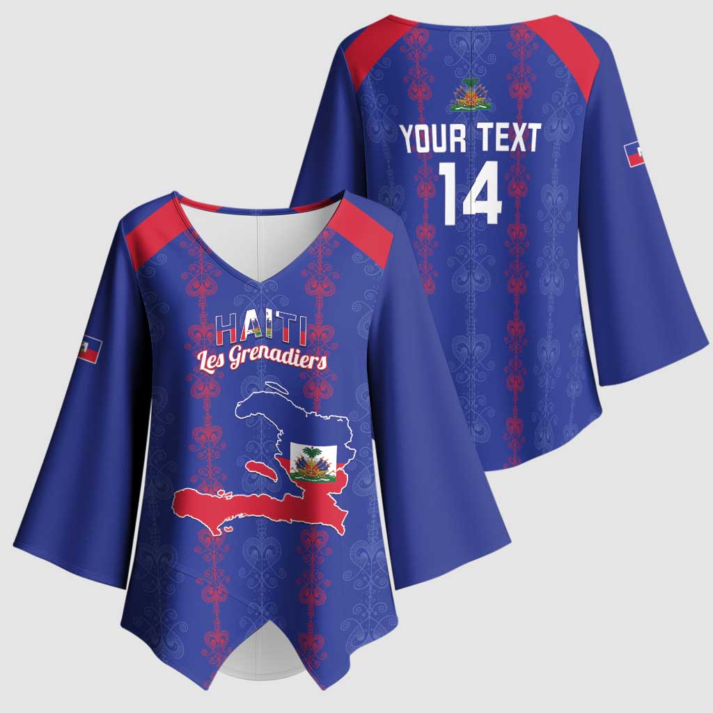 Custom Haiti Football Kimono Sleeve Blouse Les Grenadiers Veve Vodou Blue