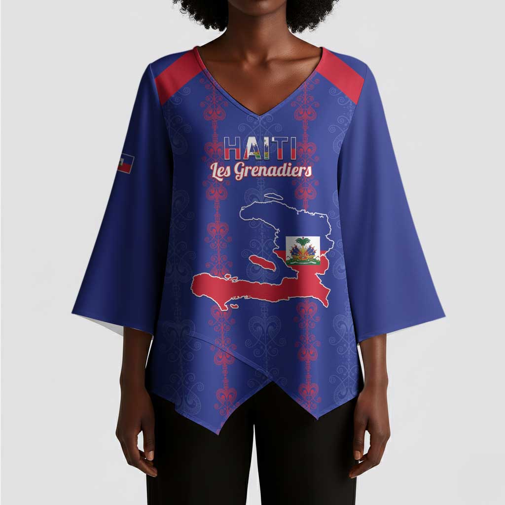 Custom Haiti Football Kimono Sleeve Blouse Les Grenadiers Veve Vodou Blue