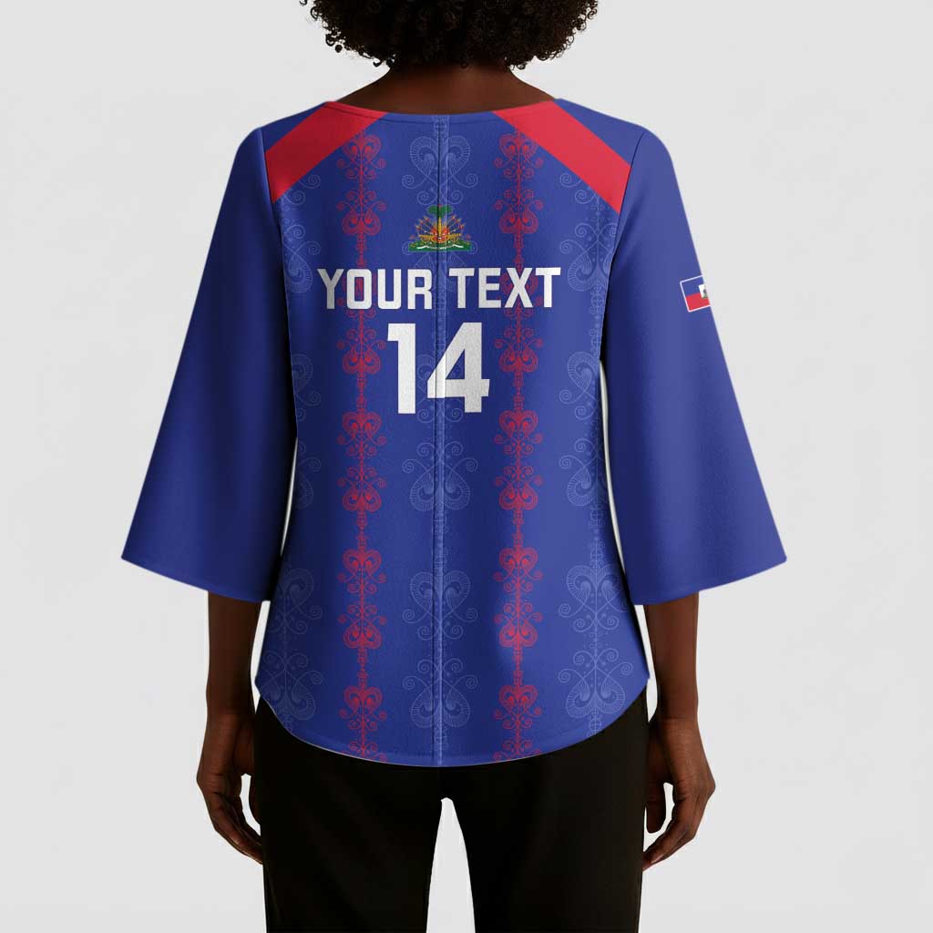 Custom Haiti Football Kimono Sleeve Blouse Les Grenadiers Veve Vodou Blue