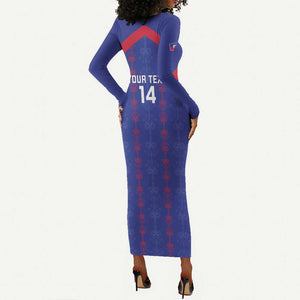 Custom Haiti Football Long Sleeve Bodycon Dress Les Grenadiers Veve Vodou Blue - African Pride