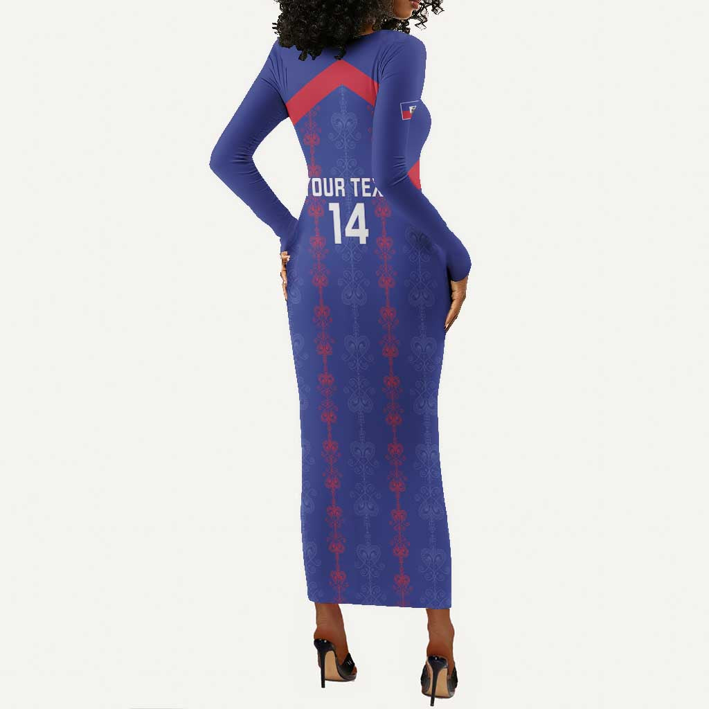Custom Haiti Football Long Sleeve Bodycon Dress Les Grenadiers Veve Vodou Blue - African Pride