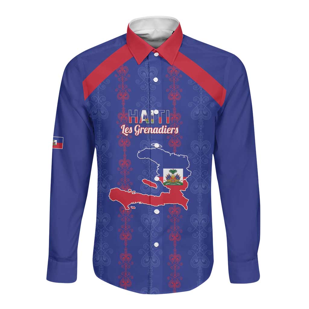 Custom Haiti Football Long Sleeve Button Shirt Les Grenadiers Veve Vodou Blue - African Pride