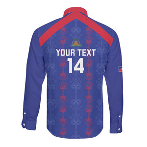 Custom Haiti Football Long Sleeve Button Shirt Les Grenadiers Veve Vodou Blue - African Pride