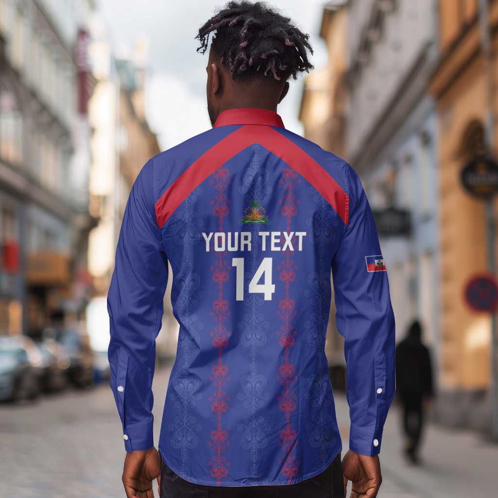 Custom Haiti Football Long Sleeve Button Shirt Les Grenadiers Veve Vodou Blue - African Pride