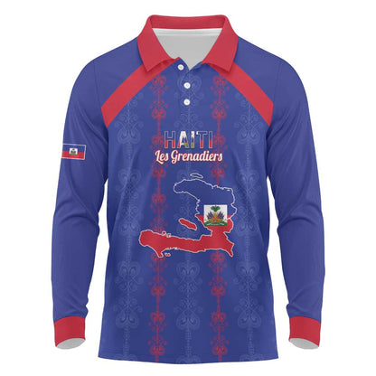 Custom Haiti Football Long Sleeve Polo Shirt Les Grenadiers Veve Vodou Blue - African Pride