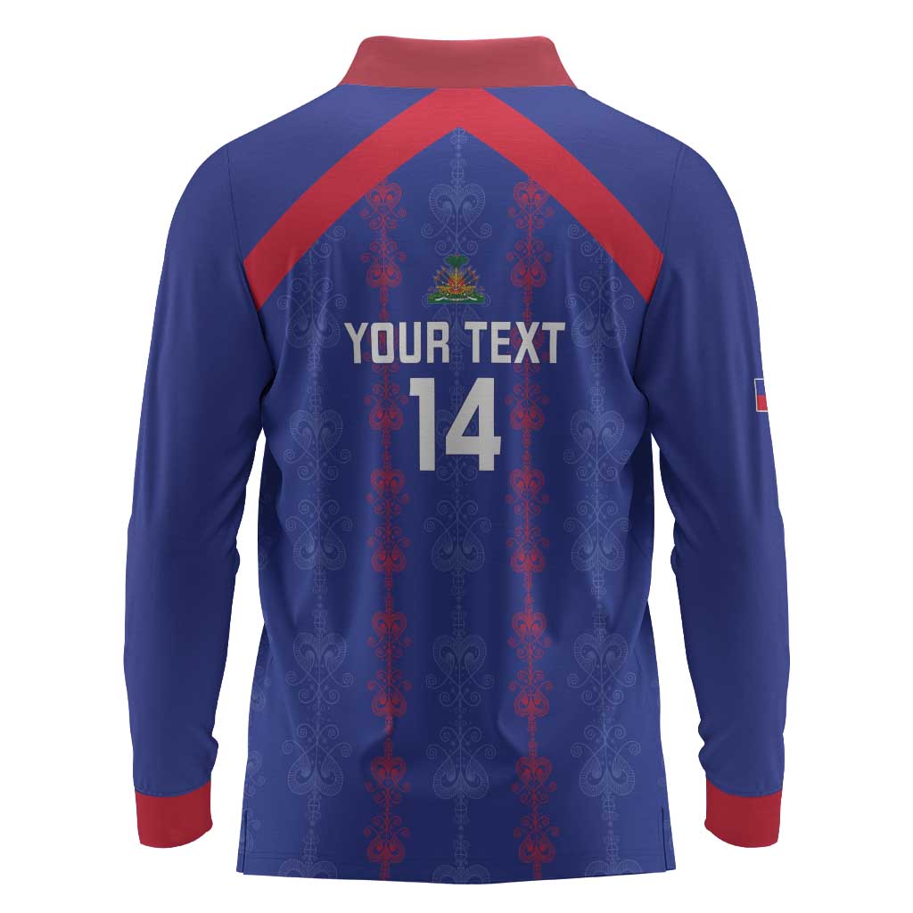 Custom Haiti Football Long Sleeve Polo Shirt Les Grenadiers Veve Vodou Blue - African Pride