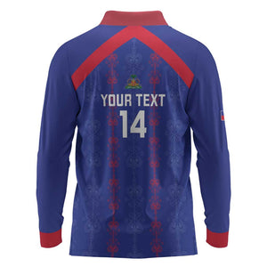 Custom Haiti Football Long Sleeve Polo Shirt Les Grenadiers Veve Vodou Blue - African Pride