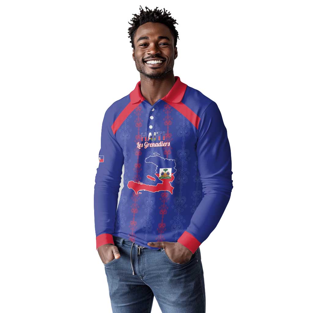 Custom Haiti Football Long Sleeve Polo Shirt Les Grenadiers Veve Vodou Blue - African Pride