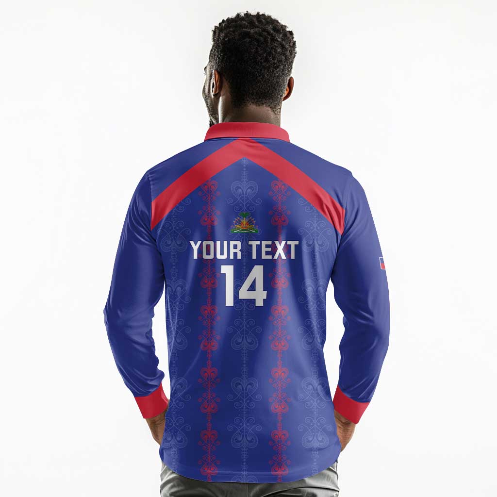 Custom Haiti Football Long Sleeve Polo Shirt Les Grenadiers Veve Vodou Blue - African Pride