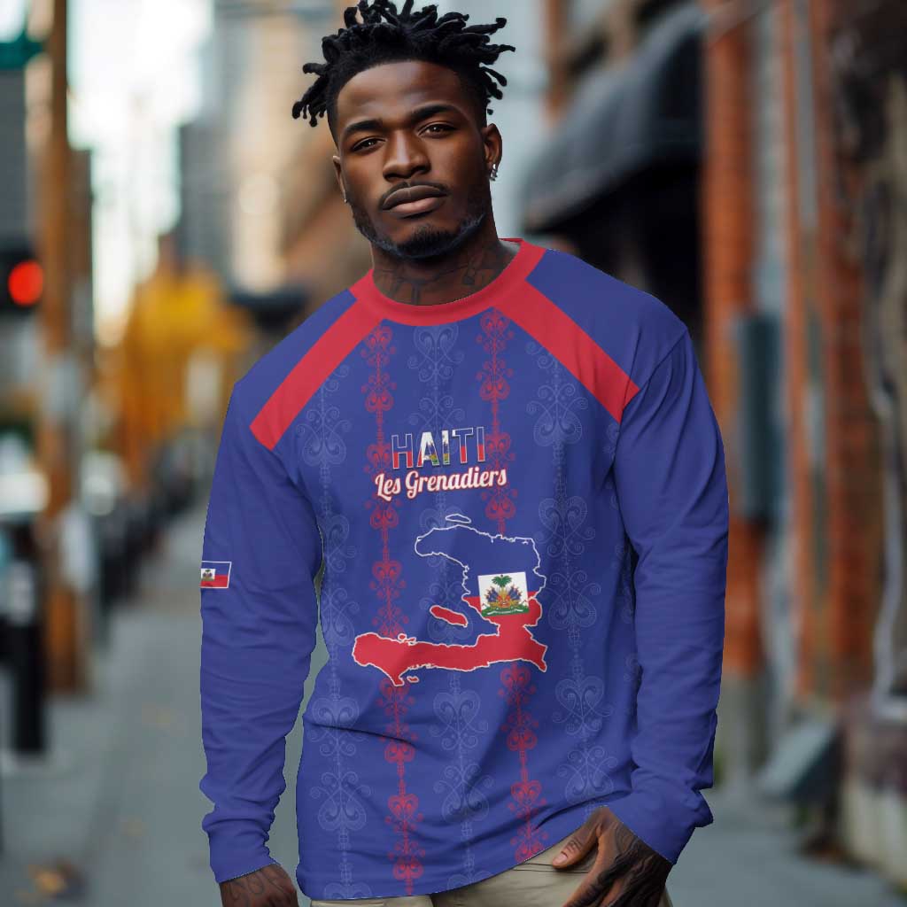 Custom Haiti Football Long Sleeve Shirt Les Grenadiers Veve Vodou Blue - African Pride