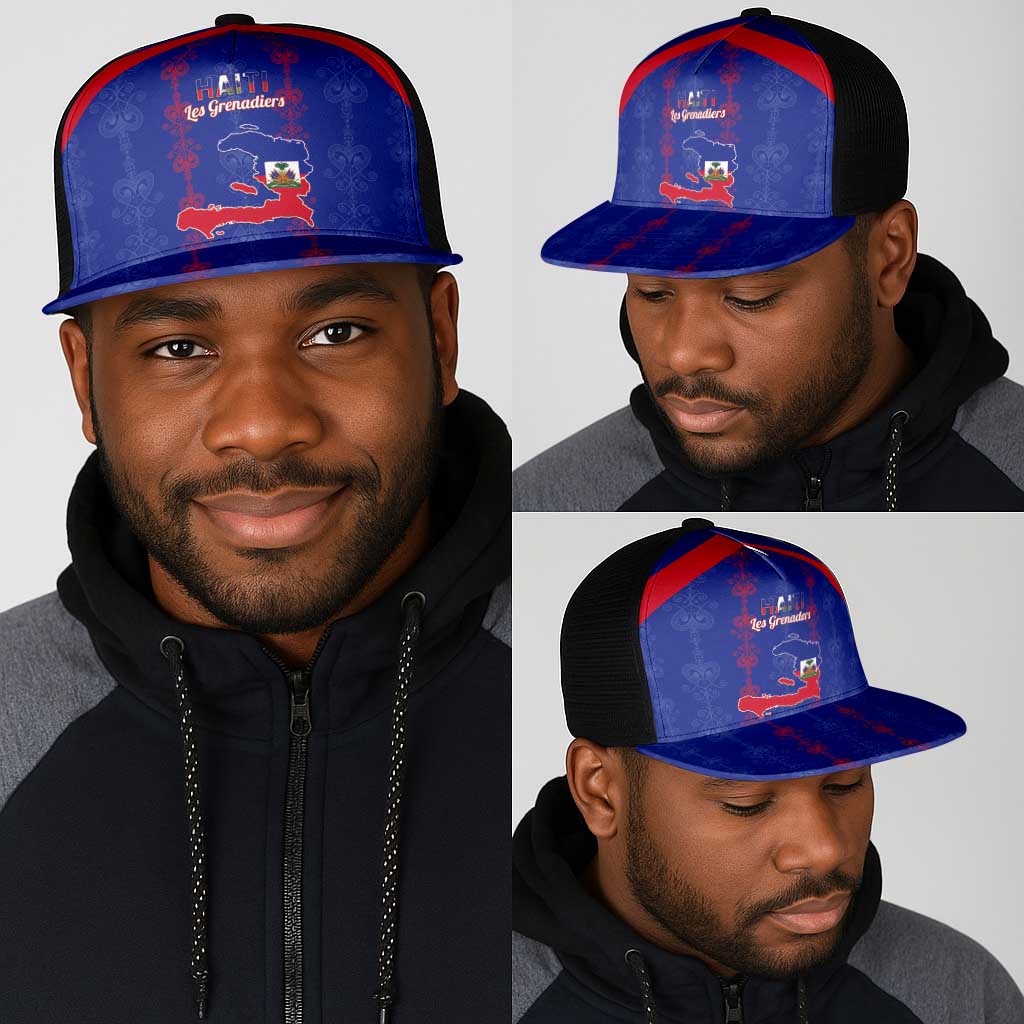 Haiti Football Mesh Trucker Cap Les Grenadiers Veve Vodou Blue - African Pride