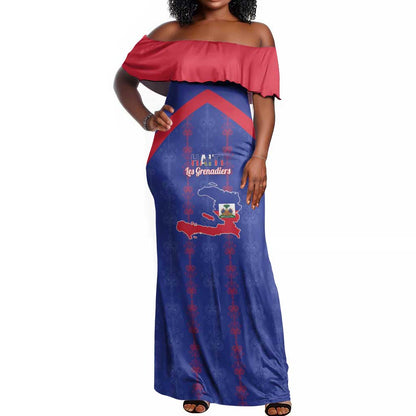 Custom Haiti Football Off Shoulder Maxi Dress Les Grenadiers Veve Vodou Blue - African Pride