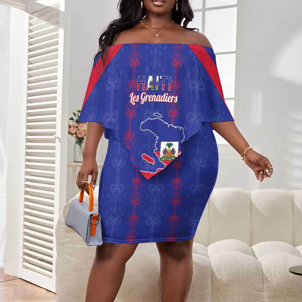 Custom Haiti Football Off Shoulder Short Dress Les Grenadiers Veve Vodou Blue - African Pride