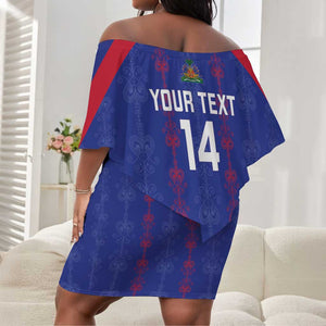 Custom Haiti Football Off Shoulder Short Dress Les Grenadiers Veve Vodou Blue - African Pride