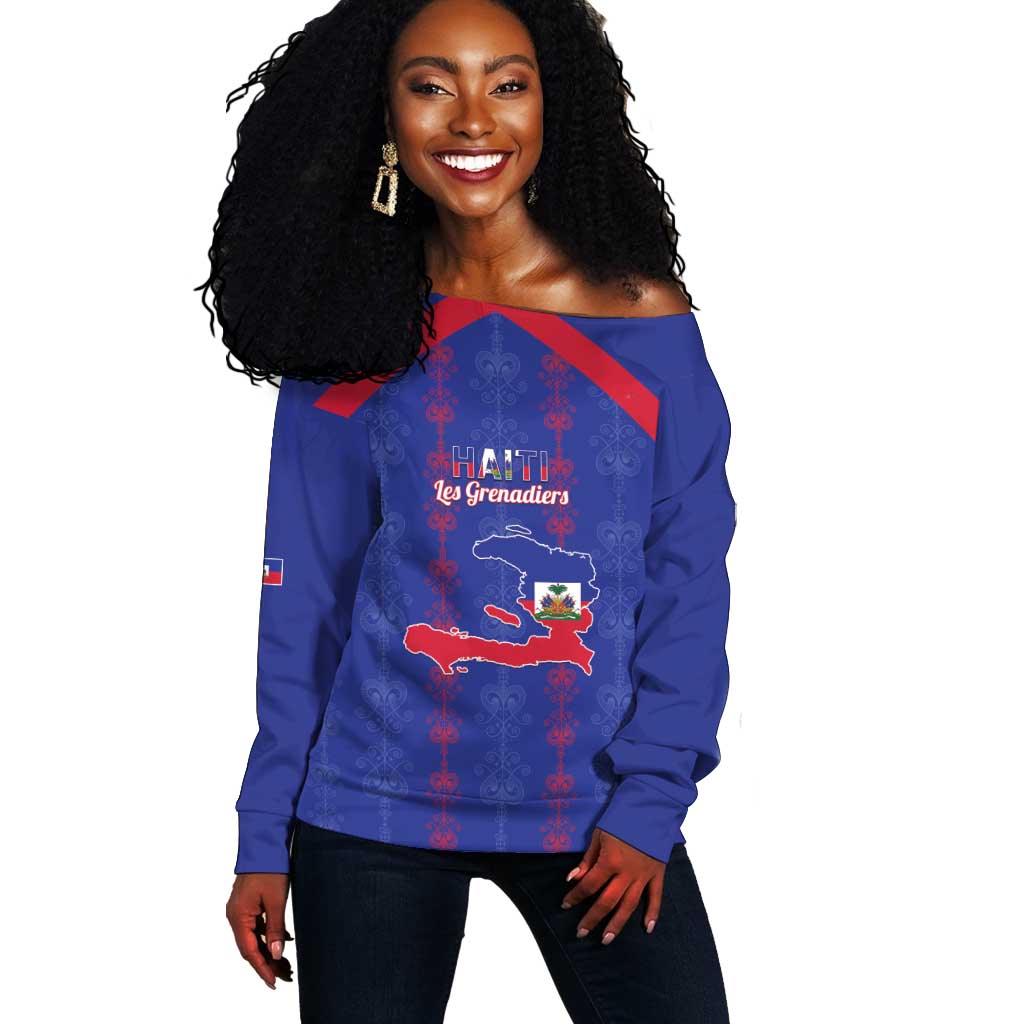 Custom Haiti Football Off Shoulder Sweater Les Grenadiers Veve Vodou Blue - African Pride