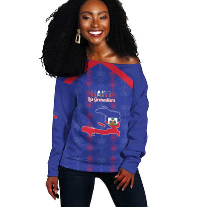Custom Haiti Football Off Shoulder Sweater Les Grenadiers Veve Vodou Blue - African Pride