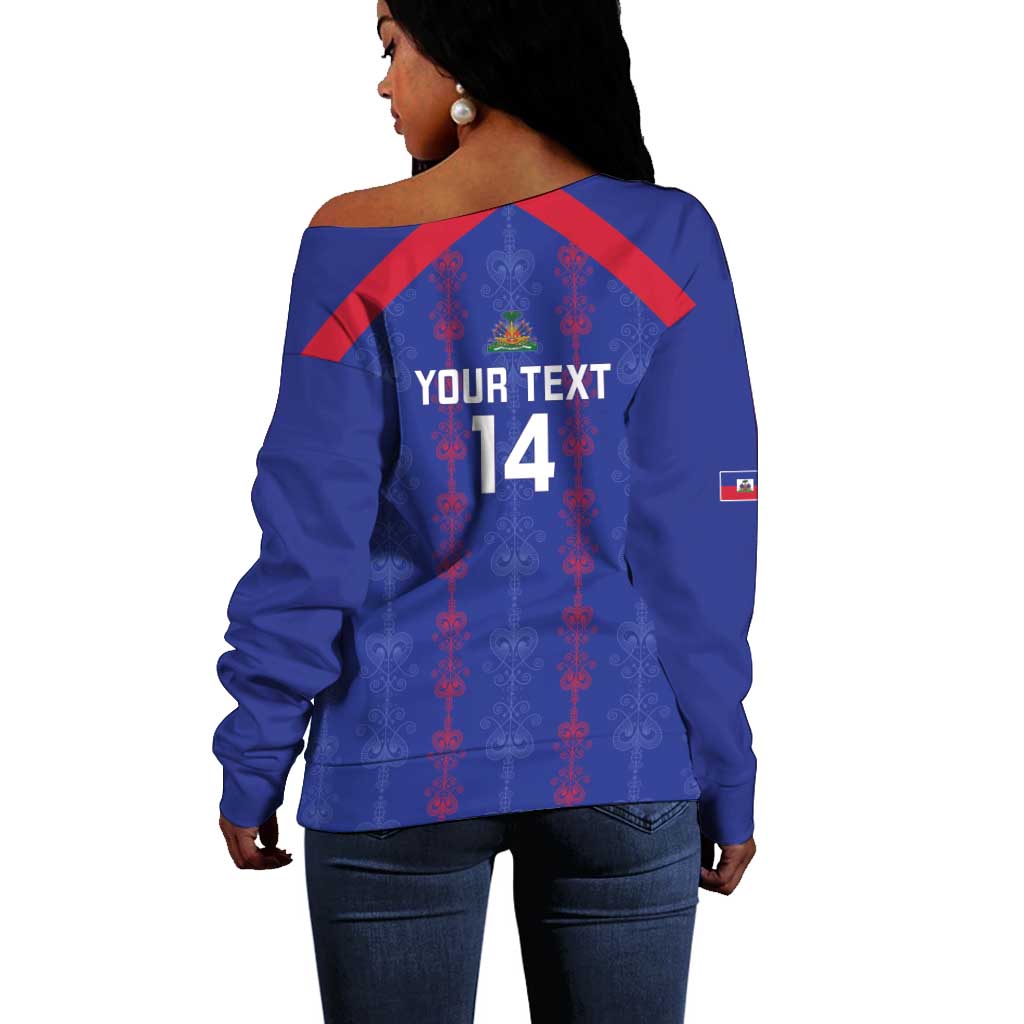 Custom Haiti Football Off Shoulder Sweater Les Grenadiers Veve Vodou Blue - African Pride
