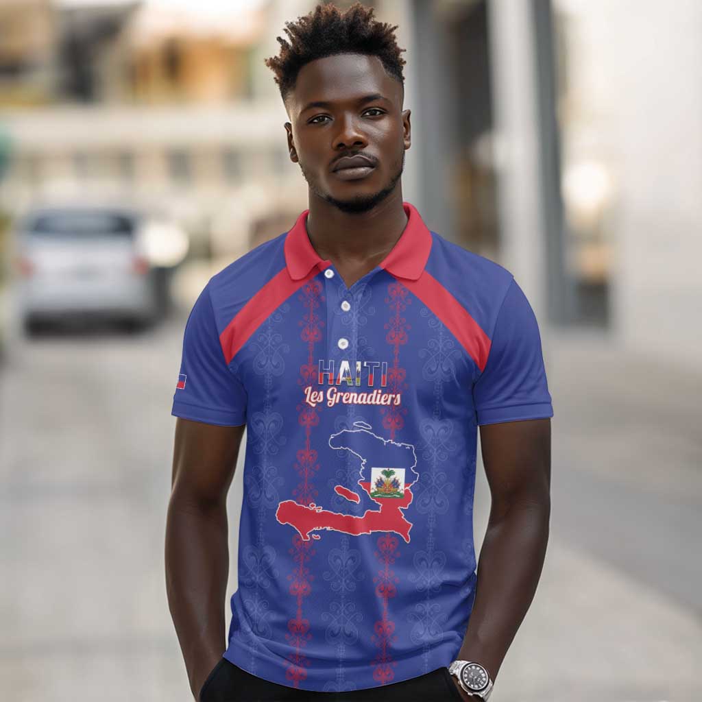 Custom Haiti Football Polo Shirt Les Grenadiers Veve Vodou Blue - African Pride