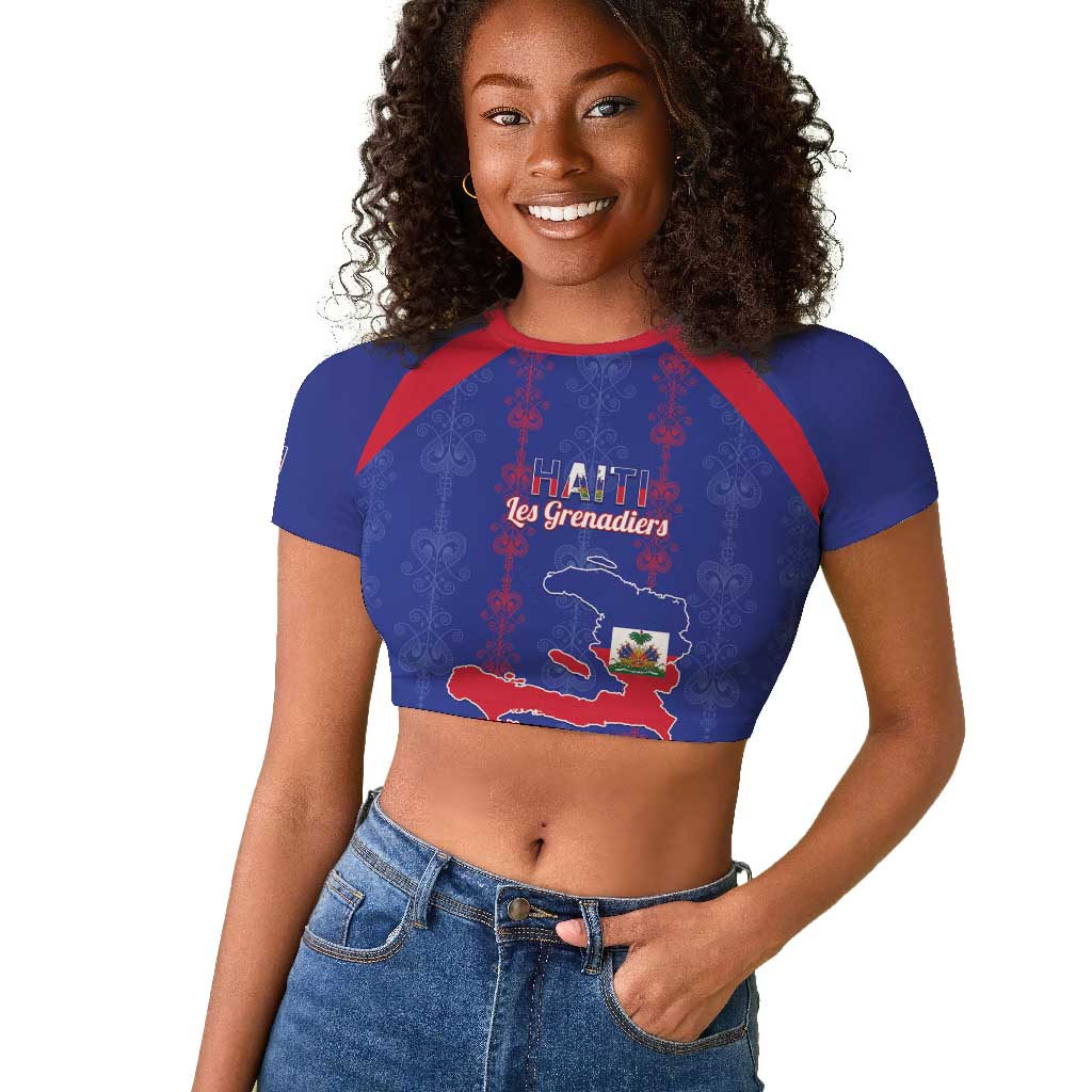 Custom Haiti Football Raglan Cropped T shirt Les Grenadiers Veve Vodou Blue - African Pride