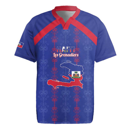 Custom Haiti Football Rugby Jersey Les Grenadiers Veve Vodou Blue - African Pride