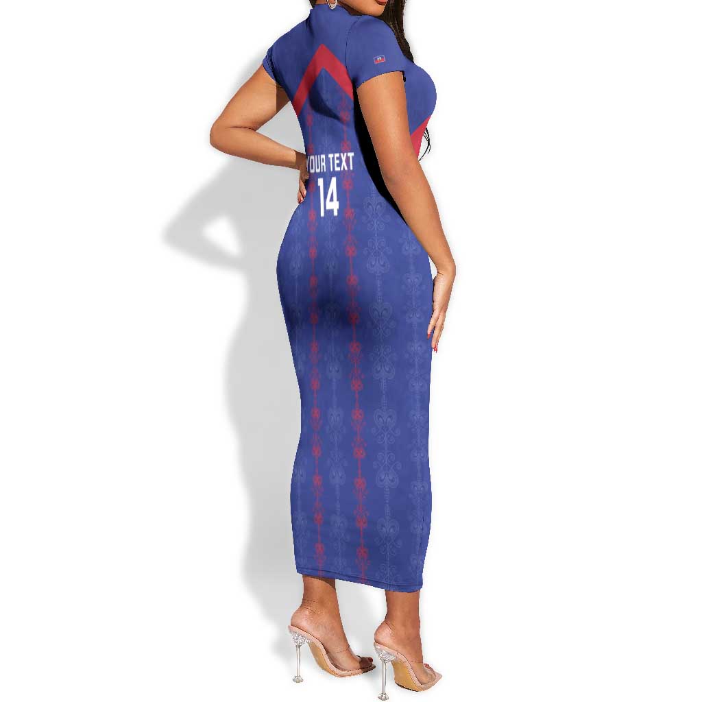 Custom Haiti Football Short Sleeve Bodycon Dress Les Grenadiers Veve Vodou Blue - African Pride