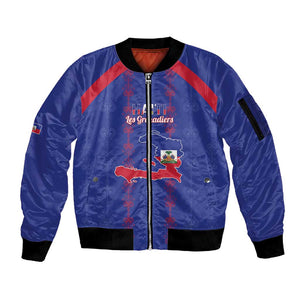 Custom Haiti Football Sleeve Zip Bomber Jacket Les Grenadiers Veve Vodou Blue - African Pride