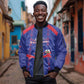Custom Haiti Football Sleeve Zip Bomber Jacket Les Grenadiers Veve Vodou Blue - African Pride