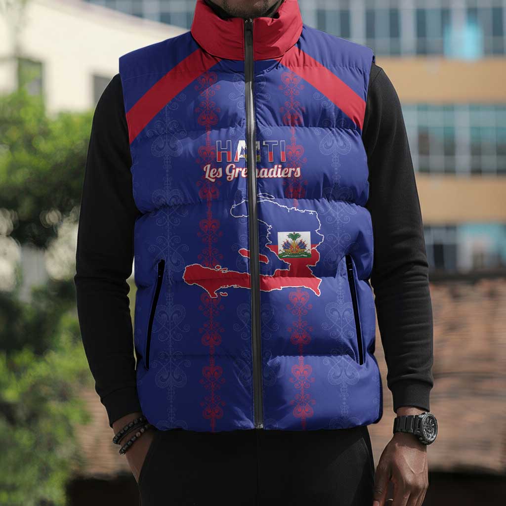Custom Haiti Football Sleeveless Puffer Jacket Les Grenadiers Veve Vodou Blue