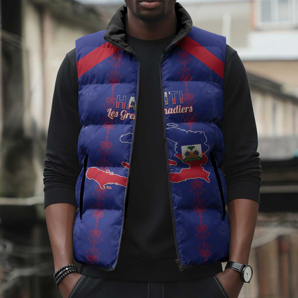 Custom Haiti Football Sleeveless Puffer Jacket Les Grenadiers Veve Vodou Blue