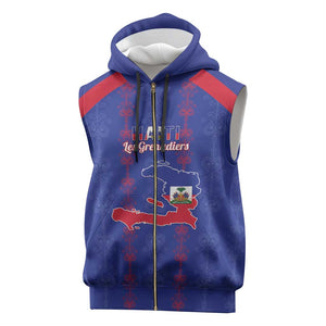 Custom Haiti Football Sleeveless Zip Hoodie Les Grenadiers Veve Vodou Blue - African Pride